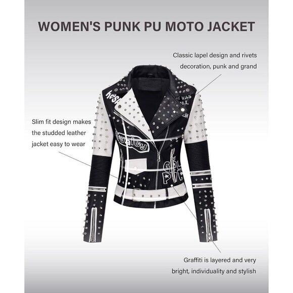 🆕 Women White Trendy Faux Leather Jacket Rivet Spring Winter Fashion Clothes - Picture 3 of 6